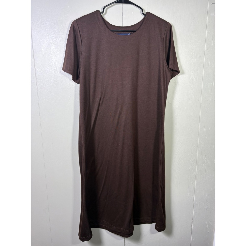 Susan Graver Brown Short Sleeve T-Shirt Dress Crew Neck Midi Minimalist 22" PTP